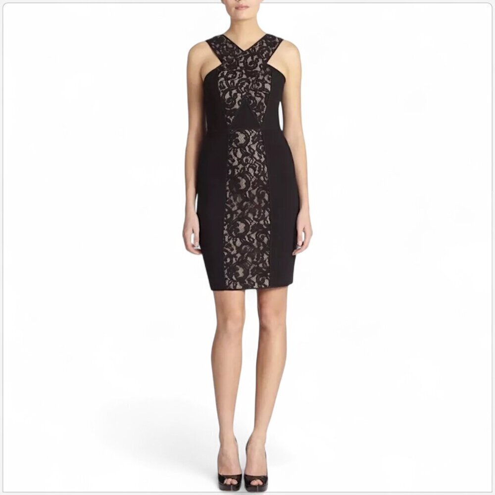 BCBGMaxazria BCBG Claudine Black Lace Panel Fitted Pencil Cocktail Dress 8